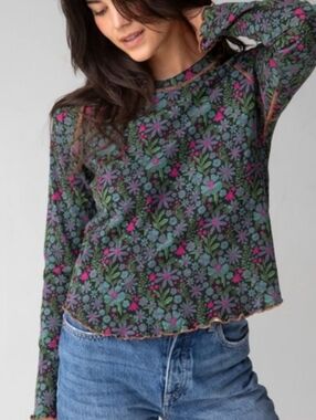 NATURAL LIFE Dark Floral Long Sleeve Tee in Blue and Green